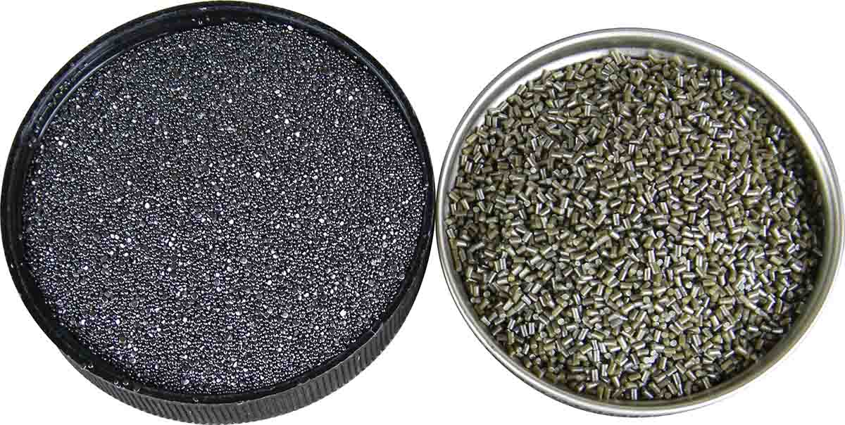 Western Powders’ TAC (left) is a spherical powder that meters with unusual accuracy, while Hodgdon Varget (right) is an extruded powder.